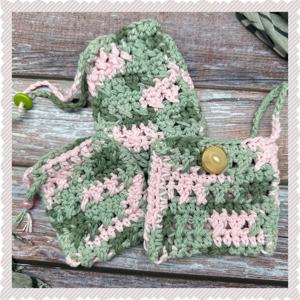 Set of 3 Handmade Small Cotton Crochet Pouches Pink and Green Camo New